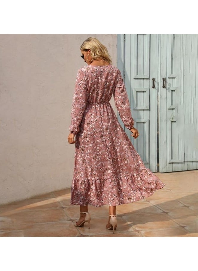 Long Sleeve Round Neck Floral Print Maxi Dress Pink