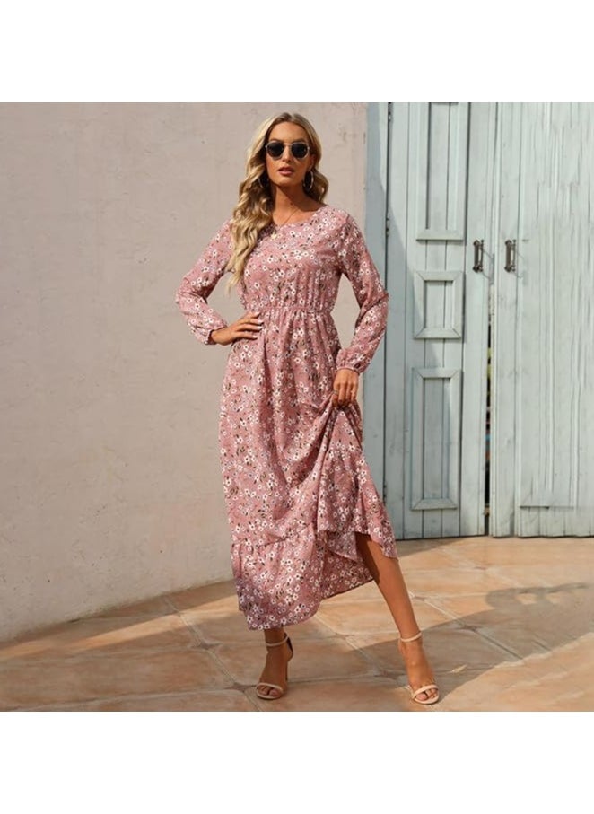 Long Sleeve Round Neck Floral Print Maxi Dress Pink