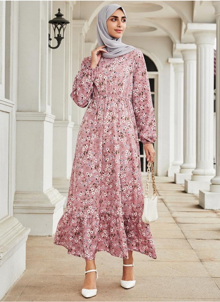 Long Sleeve Round Neck Floral Print Maxi Dress Pink