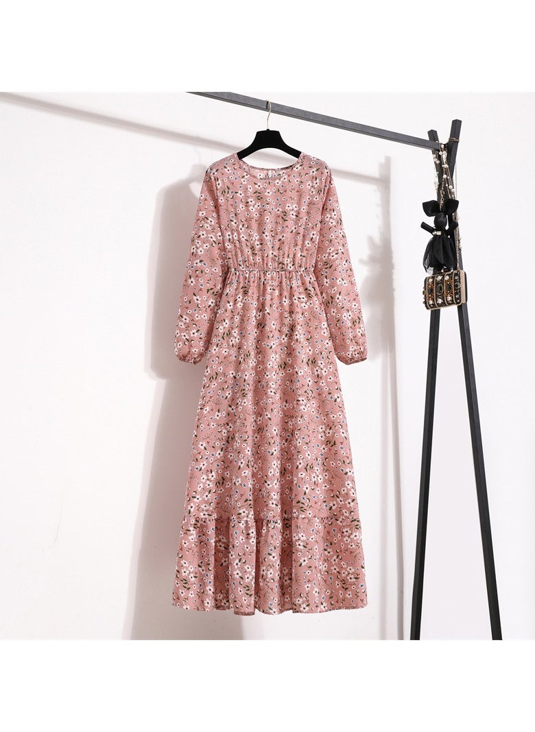 Long Sleeve Round Neck Floral Print Maxi Dress Pink