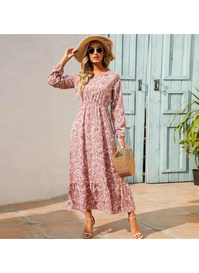 Long Sleeve Round Neck Floral Print Maxi Dress Pink