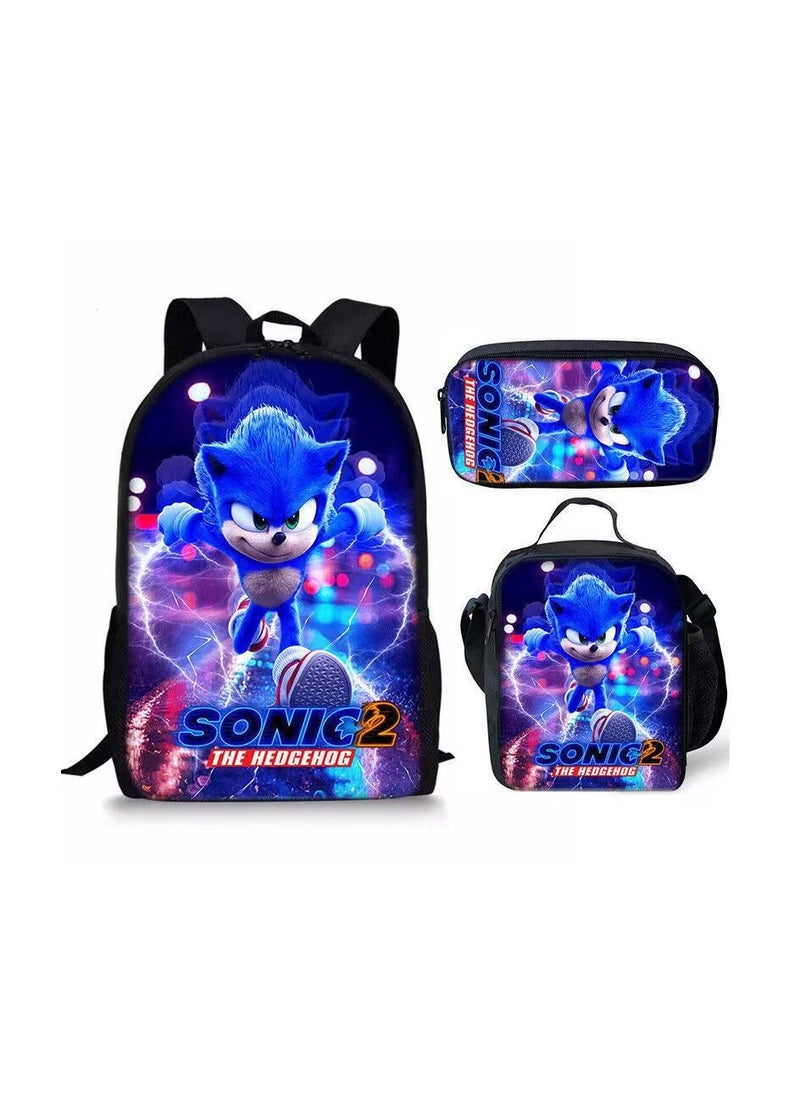 Printed backpack polyester schoolbag large-capacity cross-body bag student-S01-: Sonic Kid (universal standard three-piece set)