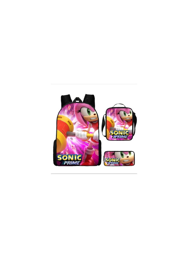 Printed backpack polyester schoolbag large-capacity cross-body bag student-S01-: Sonic Kid (universal standard three-piece set)