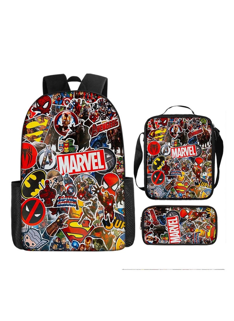 Boys Spider-Man Superman Printed Student Cartoon Schoolbag Backpack 29*16*42CM + Shoulder Bag 19*6*23CM + Pen Bag 24*7*11CM Three-piece Set