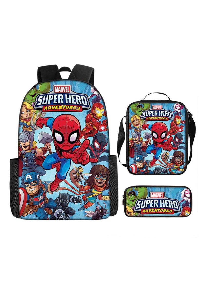 Boys Spider-Man Superman Printed Student Cartoon Schoolbag Backpack 29*16*42CM + Shoulder Bag 19*6*23CM + Pen Bag 24*7*11CM Three-piece Set