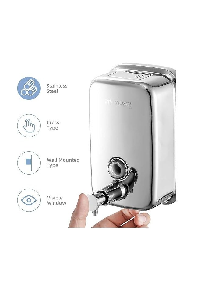 Manual Soap Dispenser, Commercial Stainless Steel Wall Mounted Hand Soap Dispenser for Bathroom Kitchen 800ml, Sliver