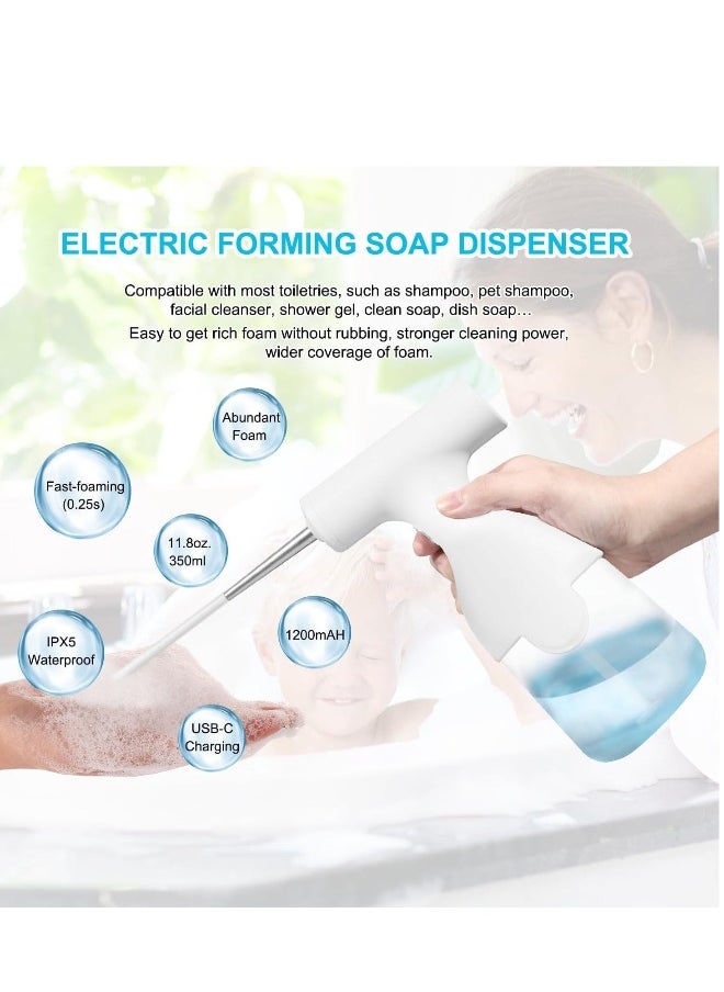 Automatic Soap Dispenser, 350ml Reusable Foam Sprayer Rechargeable Dispenser with 2 Nozzles, Easy to Refill, Waterproof Electric Foaming for Kitchen Bathroom, Pet Bathing