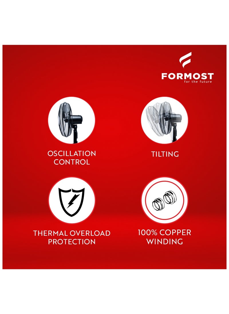 FORMOST 50W Wall Fan 3 Speed Black 100% Copper Winding 2 Years Warranty