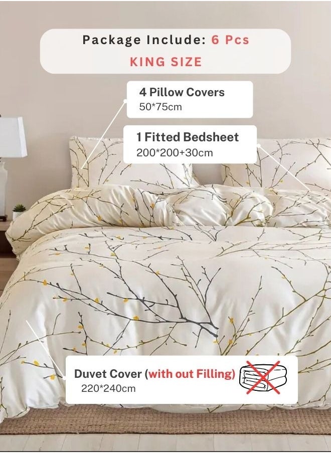 King Size 6 Pieces Twigs Print Duvet Cover Set, Beige color.