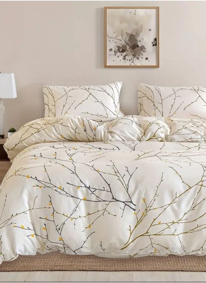 Single Size 4 Pieces Twigs Print Duvet Cover Set, Beige color.