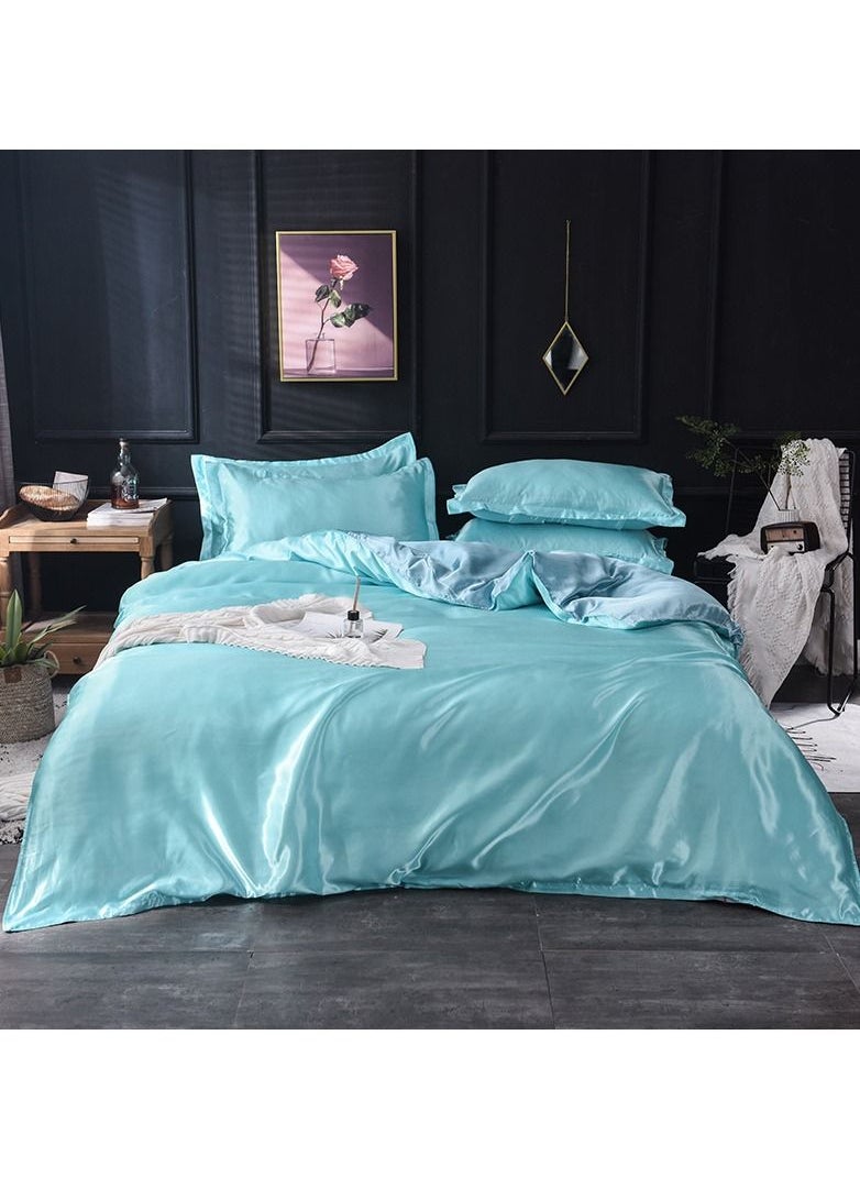 King Size Pure Silk Bed Sheet Set 4 Pieces Soft and Breathable Luxury Bed Sheet Set Includes 1 Quilt Cover 1 Bed Sheet and 2 Pillow Cases Solid Color (Light Blue, 230x250 cm)