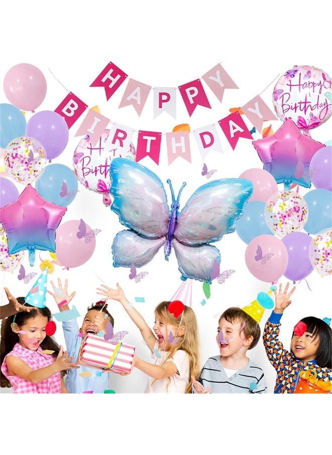 Butterfly Birthday Party Decorations, Pastel Macaron Purple Pink Party Balloon with Matallic Pink Purple Confetti Latex Balloons for Girls Butterfly Theme Birthday Baby Shower Decorations