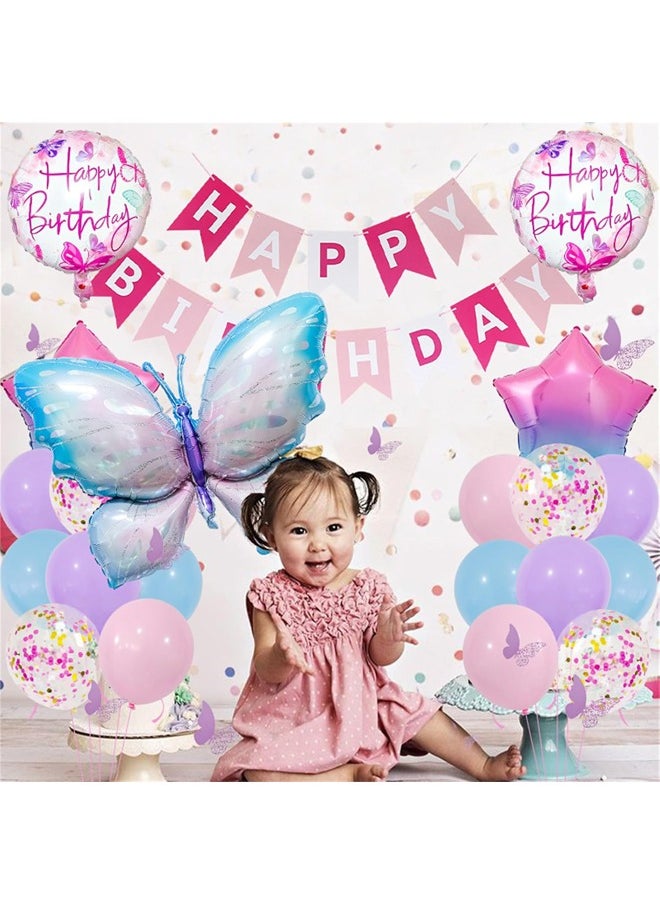 Butterfly Birthday Party Decorations, Pastel Macaron Purple Pink Party Balloon with Matallic Pink Purple Confetti Latex Balloons for Girls Butterfly Theme Birthday Baby Shower Decorations