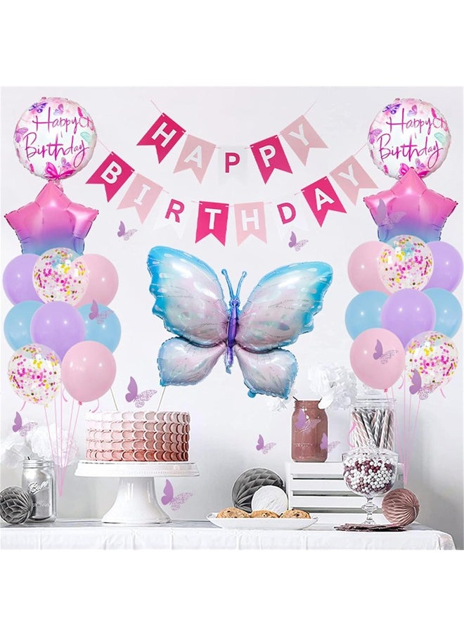 Butterfly Birthday Party Decorations, Pastel Macaron Purple Pink Party Balloon with Matallic Pink Purple Confetti Latex Balloons for Girls Butterfly Theme Birthday Baby Shower Decorations