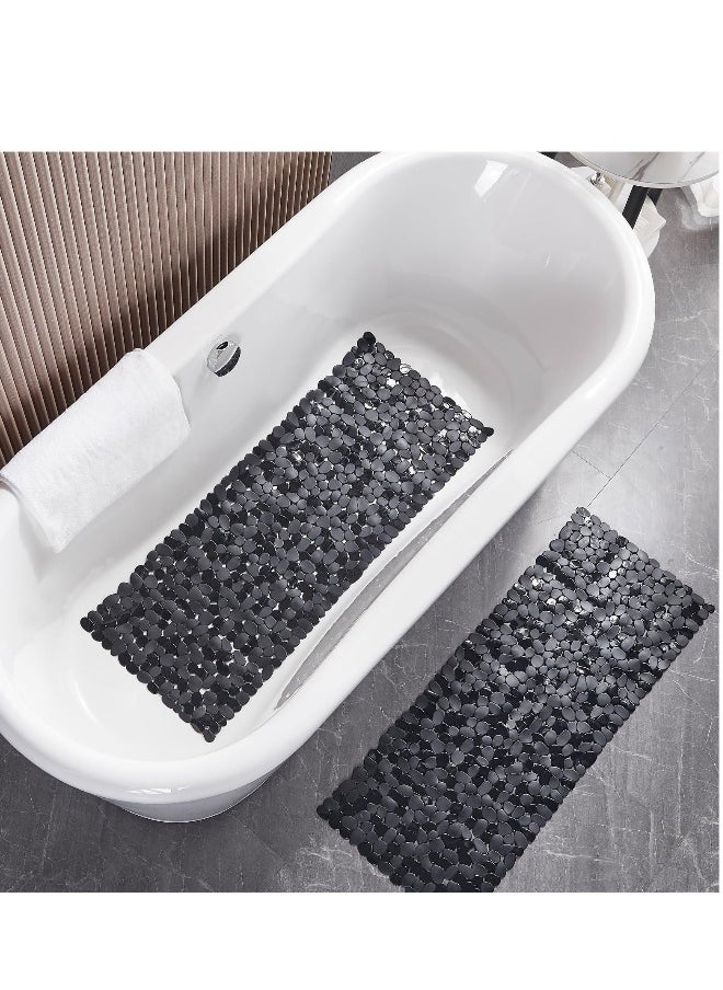 Non-Slip Bathtub Mat, Extra Large Pebble Bathtub Mat, Pebble Pattern Bath Mat, with Drain Holes and Suction Cups, Anti Slip Shower Matt, 88 * 40cm, Black