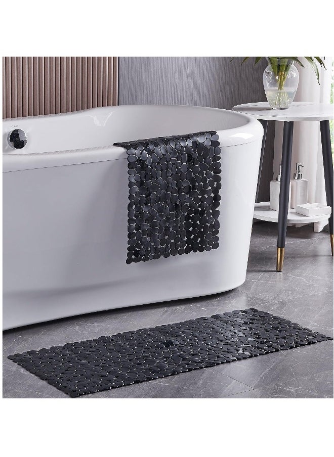 Non-Slip Bathtub Mat, Extra Large Pebble Bathtub Mat, Pebble Pattern Bath Mat, with Drain Holes and Suction Cups, Anti Slip Shower Matt, 88 * 40cm, Black