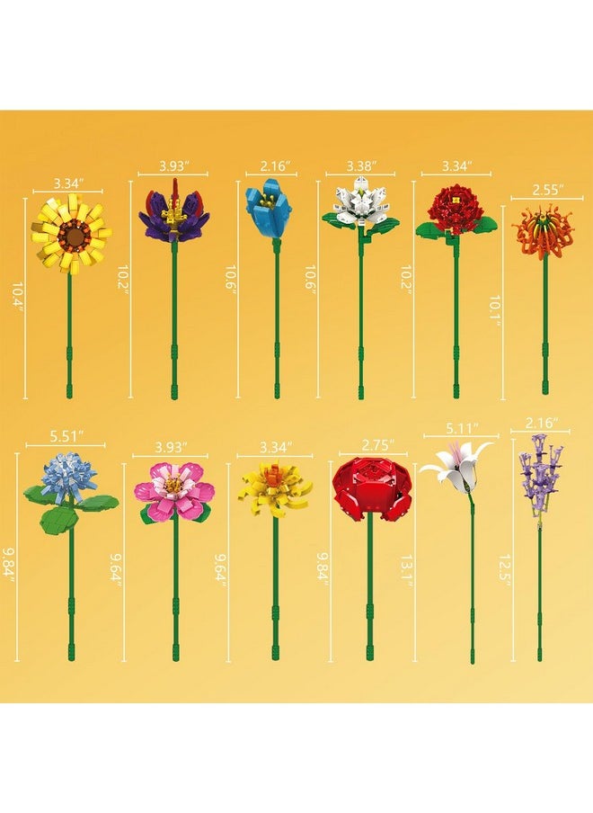 Flower Bouquet Building Set-1064 Pcs 12 Kinds Of Flowers Botanical Collection, Building Blocks Flower Brick Toys Creative Project For Home Room Décor Valentines’ Day Christmas Birthday