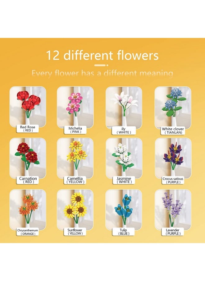 Flower Bouquet Building Set-1064 Pcs 12 Kinds Of Flowers Botanical Collection, Building Blocks Flower Brick Toys Creative Project For Home Room Décor Valentines’ Day Christmas Birthday