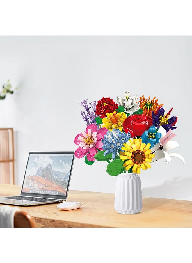 Flower Bouquet Building Set-1064 Pcs 12 Kinds Of Flowers Botanical Collection, Building Blocks Flower Brick Toys Creative Project For Home Room Décor Valentines’ Day Christmas Birthday