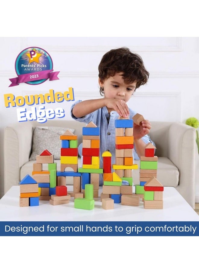 Wooden Blocks - 100 Pcs - Building Blocks For Toddlers - Includes Storage Container With Shape Sorter Top - Hardwood Plain & Colored Wood Blocks - Preschool Block Learning Toys