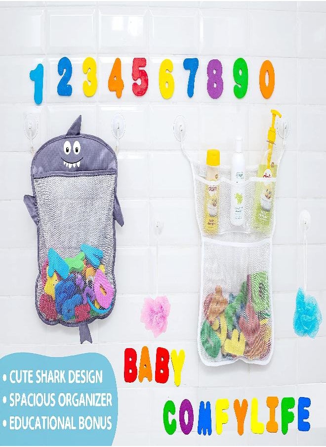 Comfylife Baby Bath Toy Organizer - Shark +36 Bath Letters & Numbers +Extra Bath Toy Storage Net & 10 Strong Hooks, Great Bath Net for Kids, Cute Bathtub Toy Organizer and Bath/Shower Caddy Solution