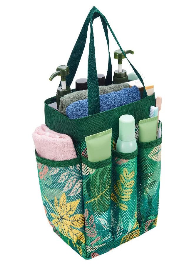 WAWSAM Mesh Shower Bag for Dorm Room - 9” x 9” x 9.5” Shower Caddy Toiletry Bag for Women Students Green Plants Pattern Shower Tote Portable with 8 Pocket for Gym College Bathroom Beach Essentials