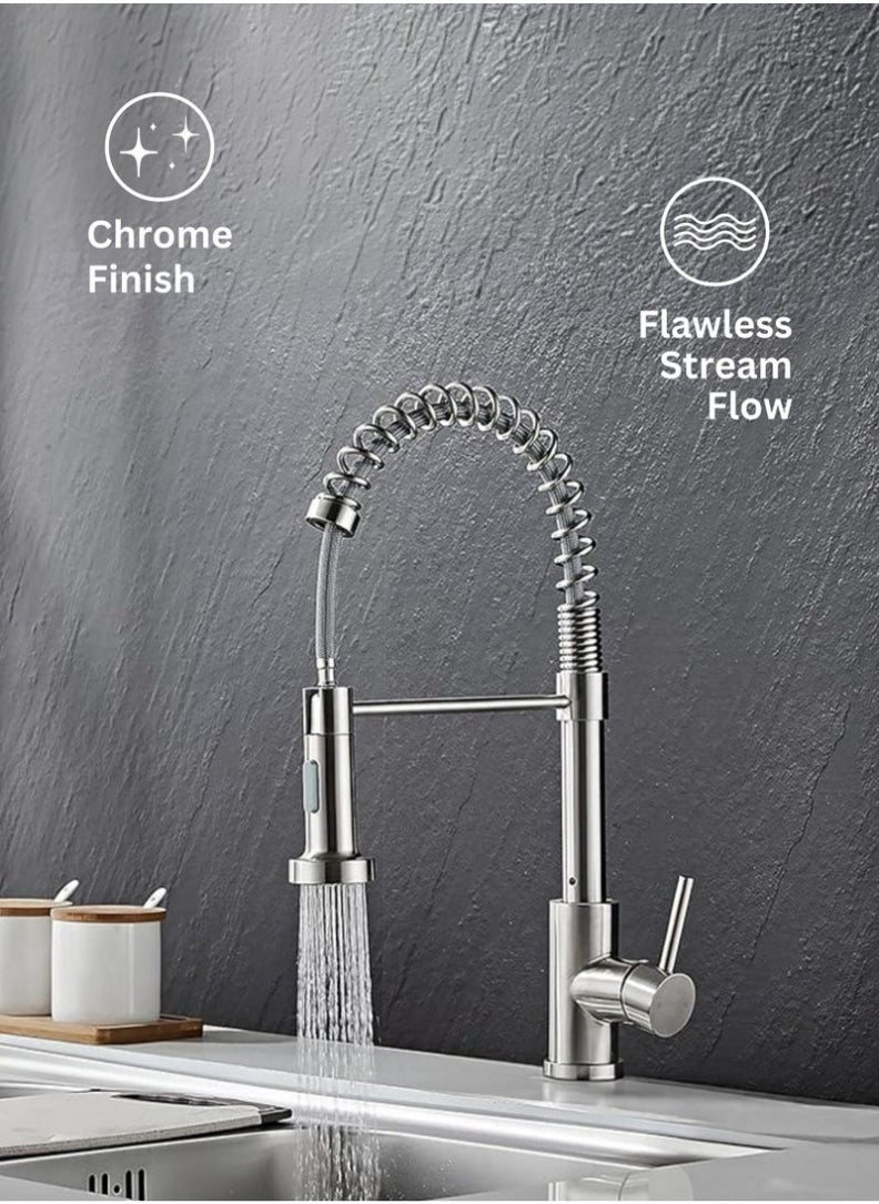 Single Handle Spring Pull-Down Kitchen Faucet, Stainless Steel Finish, 360 Degree Swivel