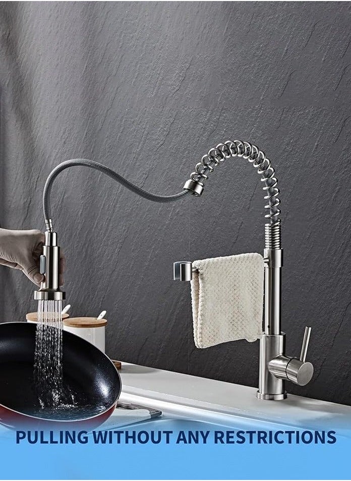 Single Handle Spring Pull-Down Kitchen Faucet, Stainless Steel Finish, 360 Degree Swivel