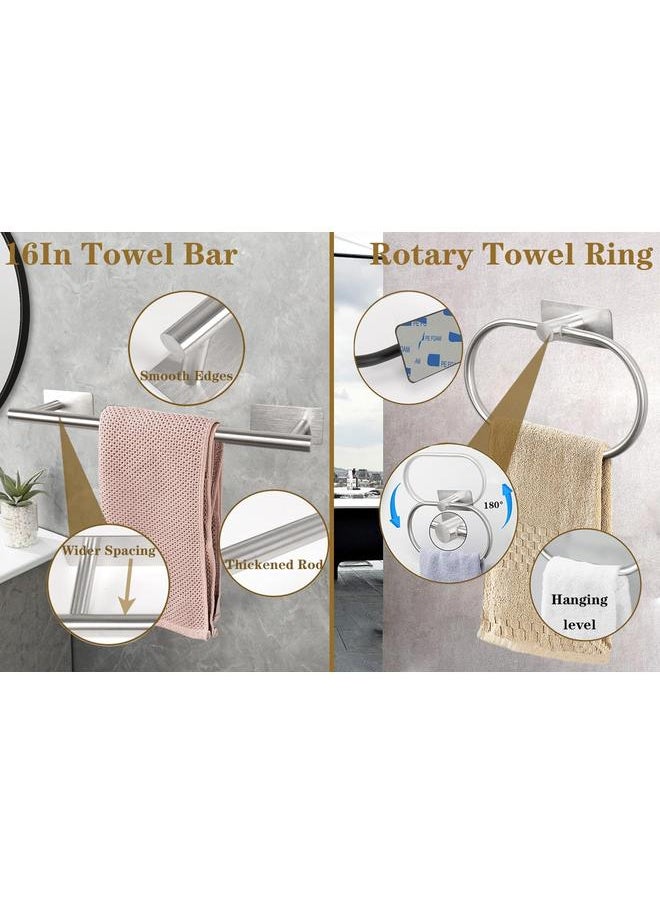 6 PCS Self Adhesive Bathroom Hardware Set, Stainless Steel Towel Rack Set - 16In Bath Towel Bar+Toilet Paper Holder+3 Towel Hooks+Towel Ring No Drill Bathroom Accessory Kit(Brushed Nickel)