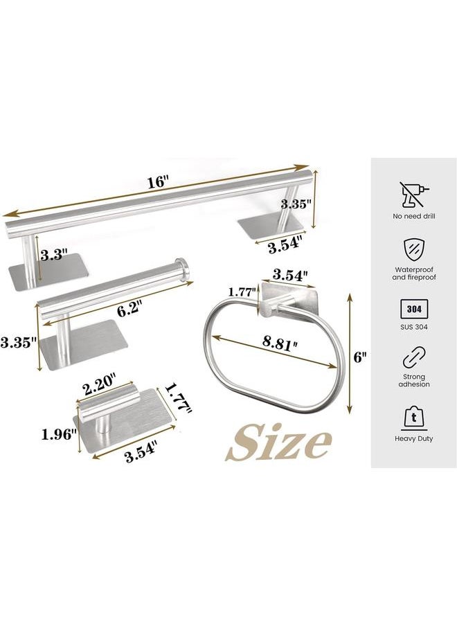 6 PCS Self Adhesive Bathroom Hardware Set, Stainless Steel Towel Rack Set - 16In Bath Towel Bar+Toilet Paper Holder+3 Towel Hooks+Towel Ring No Drill Bathroom Accessory Kit(Brushed Nickel)