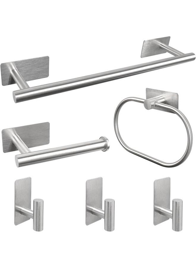 6 PCS Self Adhesive Bathroom Hardware Set, Stainless Steel Towel Rack Set - 16In Bath Towel Bar+Toilet Paper Holder+3 Towel Hooks+Towel Ring No Drill Bathroom Accessory Kit(Brushed Nickel)