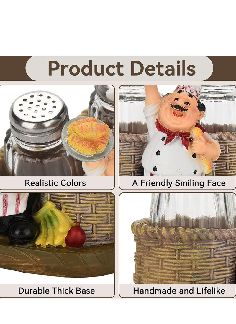 Chef Figurine Salt and Pepper Shaker Set with Storage Holder - Refillable for Kitchen, BBQ, and Camping.