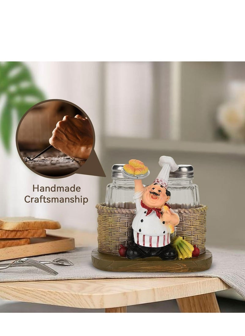 Chef Figurine Salt and Pepper Shaker Set with Storage Holder - Refillable for Kitchen, BBQ, and Camping.