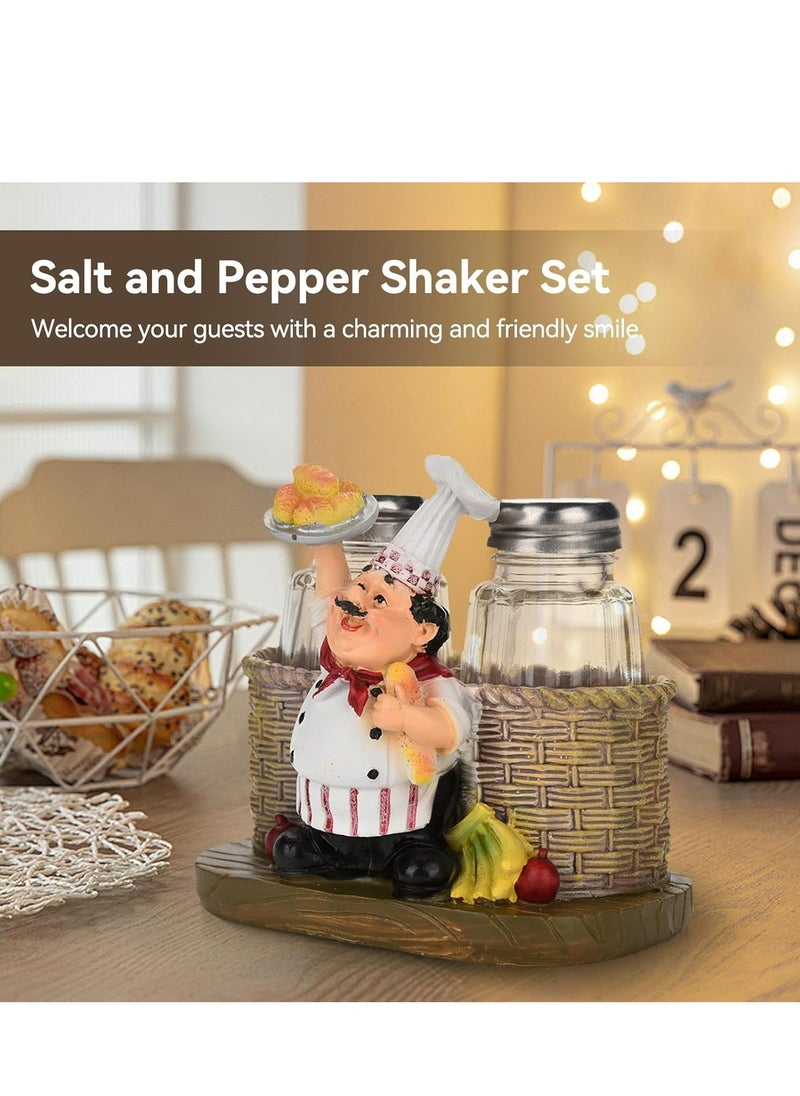 Chef Figurine Salt and Pepper Shaker Set with Storage Holder - Refillable for Kitchen, BBQ, and Camping.