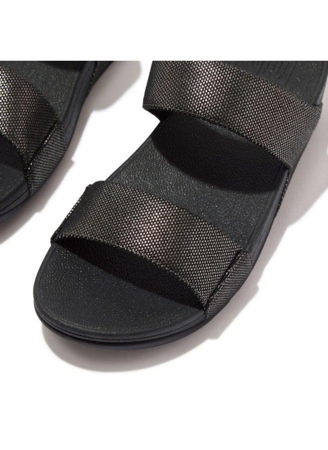 049-816 Fitflop Ladies Sandals Lulu Glitz-Canvas Slides - Pewter Black HR2-B06