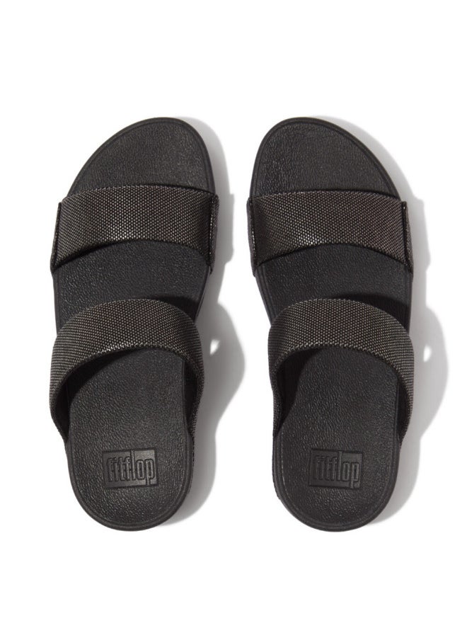 049-816 Fitflop Ladies Sandals Lulu Glitz-Canvas Slides - Pewter Black HR2-B06