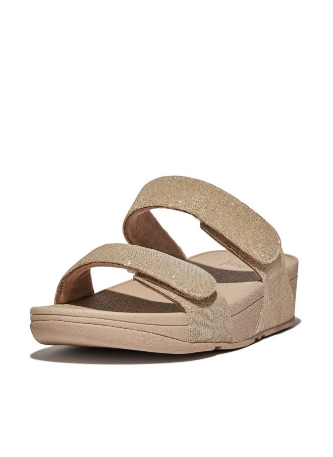 049-810 Fitflop Ladies Sandals Lulu Adjustable Shimmerlux Slides - Latte Beige FZ9-A94