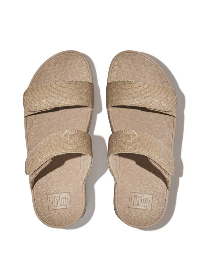 049-810 Fitflop Ladies Sandals Lulu Adjustable Shimmerlux Slides - Latte Beige FZ9-A94