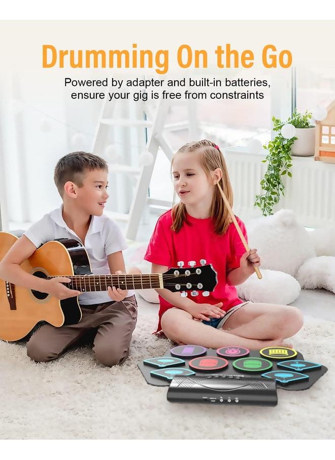 9 Pads Electronic Drum Set 19×13 Inch Roll-Up Drum Portable Drum Pad Kit With MIDI Education Function Built-in Speaker, Supports headphone Or Bluetooth Great Holiday Birthday Gift for Kids Colorful