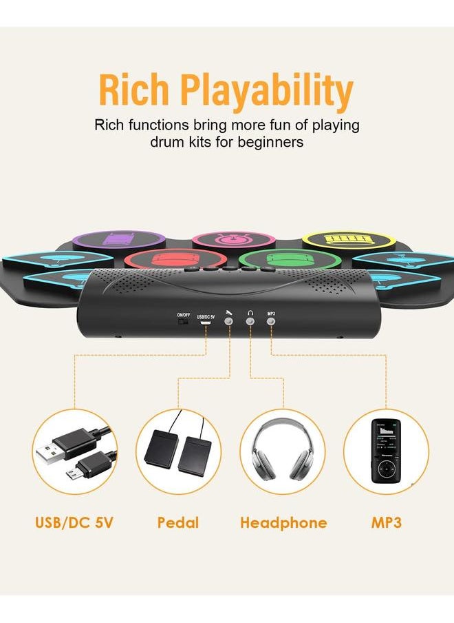9 Pads Electronic Drum Set 19×13 Inch Roll-Up Drum Portable Drum Pad Kit With MIDI Education Function Built-in Speaker, Supports headphone Or Bluetooth Great Holiday Birthday Gift for Kids Colorful