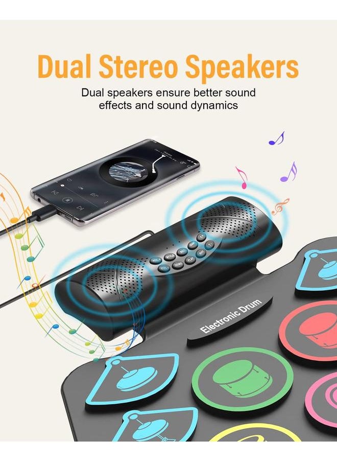 9 Pads Electronic Drum Set 19×13 Inch Roll-Up Drum Portable Drum Pad Kit With MIDI Education Function Built-in Speaker, Supports headphone Or Bluetooth Great Holiday Birthday Gift for Kids Colorful