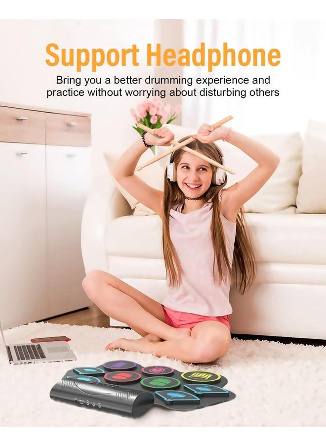 9 Pads Electronic Drum Set 19×13 Inch Roll-Up Drum Portable Drum Pad Kit With MIDI Education Function Built-in Speaker, Supports headphone Or Bluetooth Great Holiday Birthday Gift for Kids Colorful