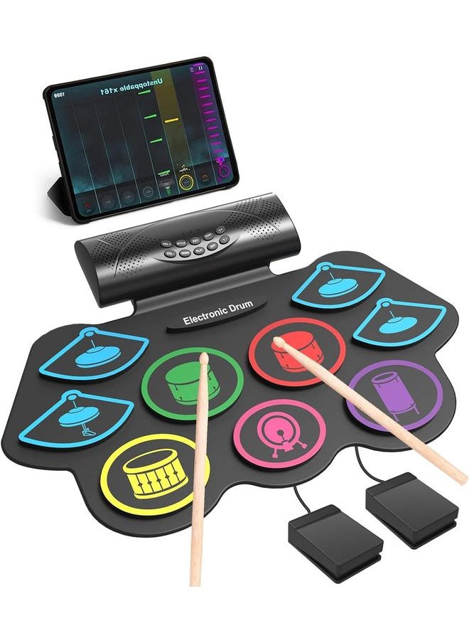 9 Pads Electronic Drum Set 19×13 Inch Roll-Up Drum Portable Drum Pad Kit With MIDI Education Function Built-in Speaker, Supports headphone Or Bluetooth Great Holiday Birthday Gift for Kids Colorful