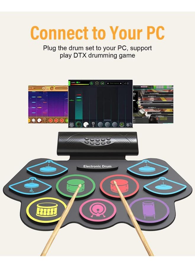 9 Pads Electronic Drum Set 19×13 Inch Roll-Up Drum Portable Drum Pad Kit With MIDI Education Function Built-in Speaker, Supports headphone Or Bluetooth Great Holiday Birthday Gift for Kids Colorful