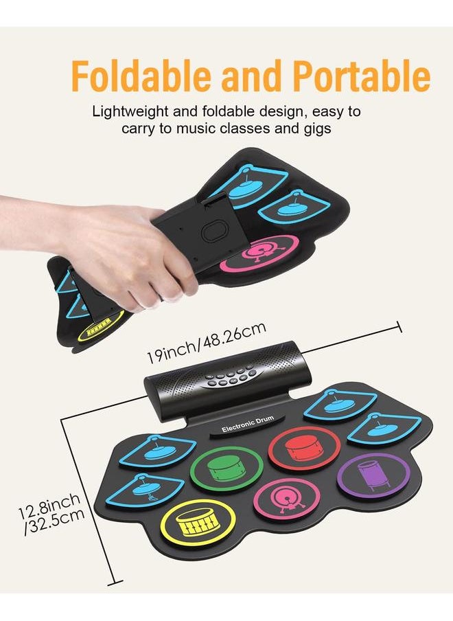 9 Pads Electronic Drum Set 19×13 Inch Roll-Up Drum Portable Drum Pad Kit With MIDI Education Function Built-in Speaker, Supports headphone Or Bluetooth Great Holiday Birthday Gift for Kids Colorful
