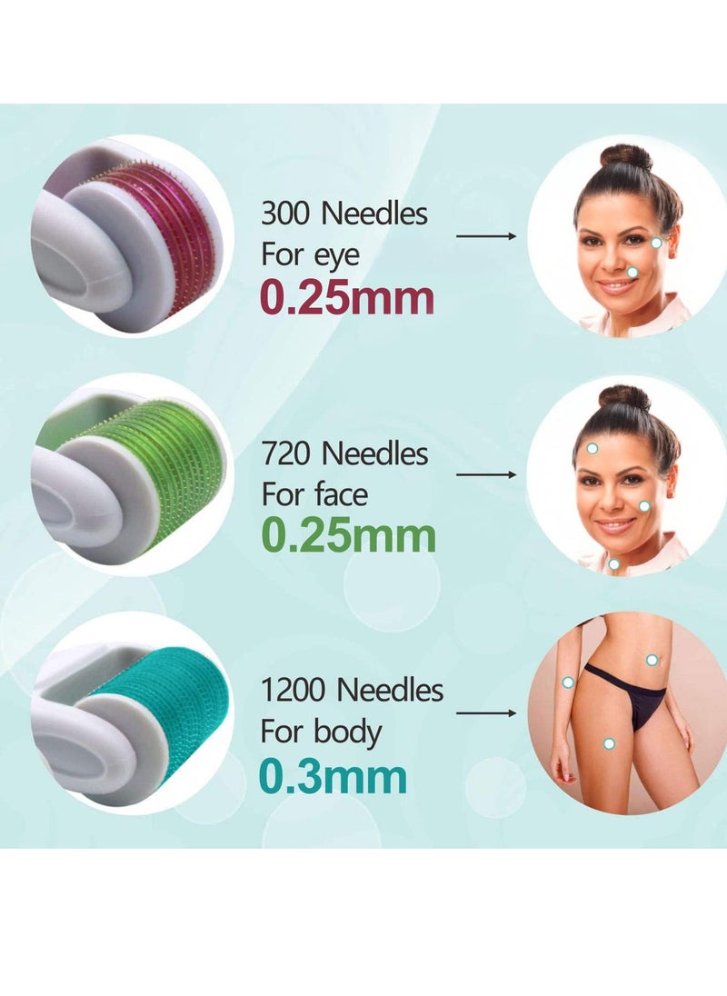 Derma Roller for Face and Body - Angel Kiss 4 in 1 Titanium Microneedling Roller Kit Micro Needle Microneedle Roller, 300 and 720 Needles 0.25mm,1200 Needle 0.3mm