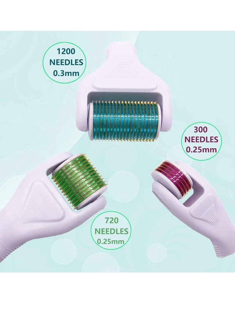 Derma Roller for Face and Body - Angel Kiss 4 in 1 Titanium Microneedling Roller Kit Micro Needle Microneedle Roller, 300 and 720 Needles 0.25mm,1200 Needle 0.3mm