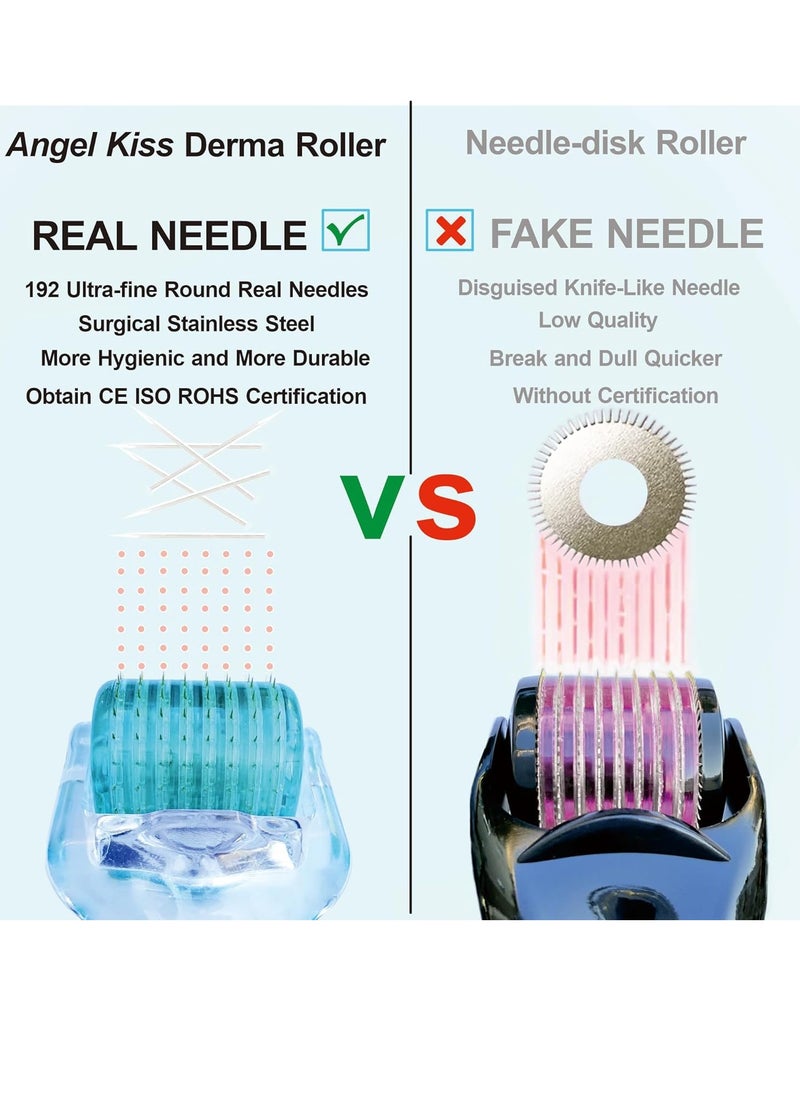 Angel Kiss Derma Roller REAL NEEDLE - 0.3mm Microneedling Roller for Face Body, 192 Individual Stainless Steel Needles, Face Microdermabrasion Roller for Men and Women