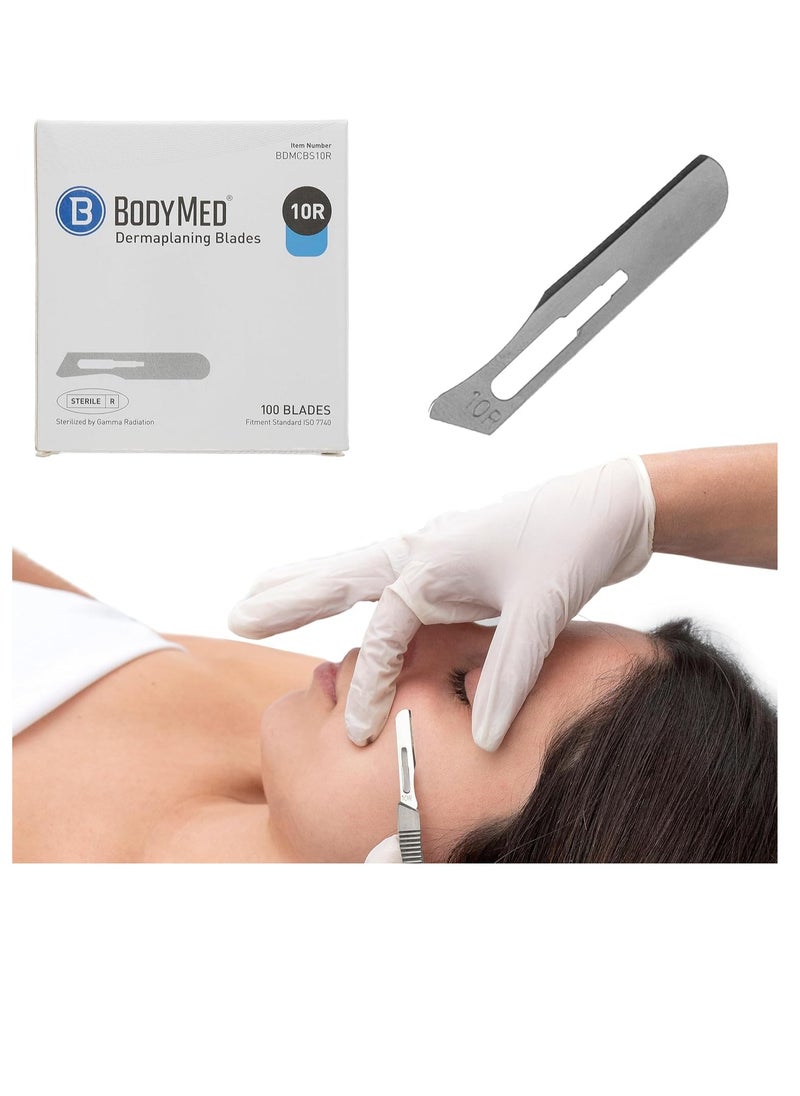 BodyMed Dermaplaning Blades #10R in Stainless Steel, 100 PCS - Sterile for Surgical, Skin Care, Hair Removal, and Podiatry Procedures with Rounded Tip for Estheticians