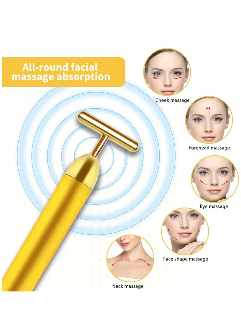 Aubric Face Massager Electric Beauty Bar 24k Golden Facial Massage Tool, T-Shape Electric Vibrating Wand Face Neck Skin Firming Lifting Tighting Wrinkles Reducing Body Treatment Anti Aging Device